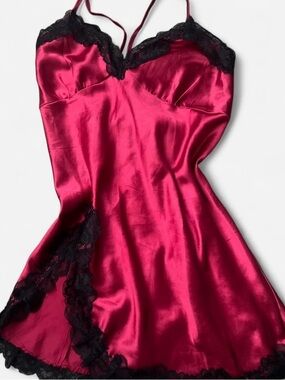 Satin Slip Dress with Black Lace Trim - Magenta